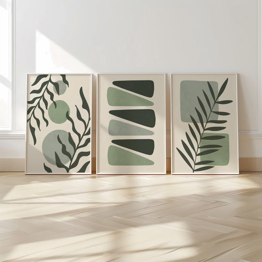 Boho Abstract Prints, Set of 3 Boho Wall Art, Calming Sage Green Home Wall Decor, Floral Posters, Minimalist Earthy geometric prints B27