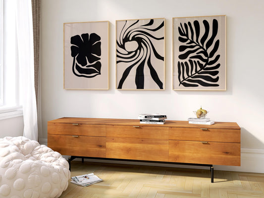 Abstract Plant Prints – Set of 3 Black Botanical Wall Art on Beige, Minimal Scandinavian Decor for Neutral Living Room or Gallery Wall B41