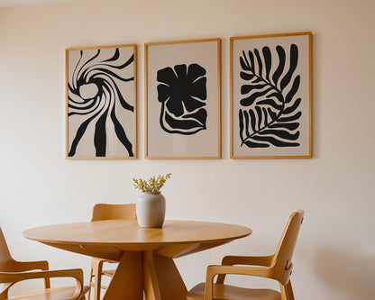 Abstract Plant Prints – Set of 3 Black Botanical Wall Art on Beige, Minimal Scandinavian Decor for Neutral Living Room or Gallery Wall B41