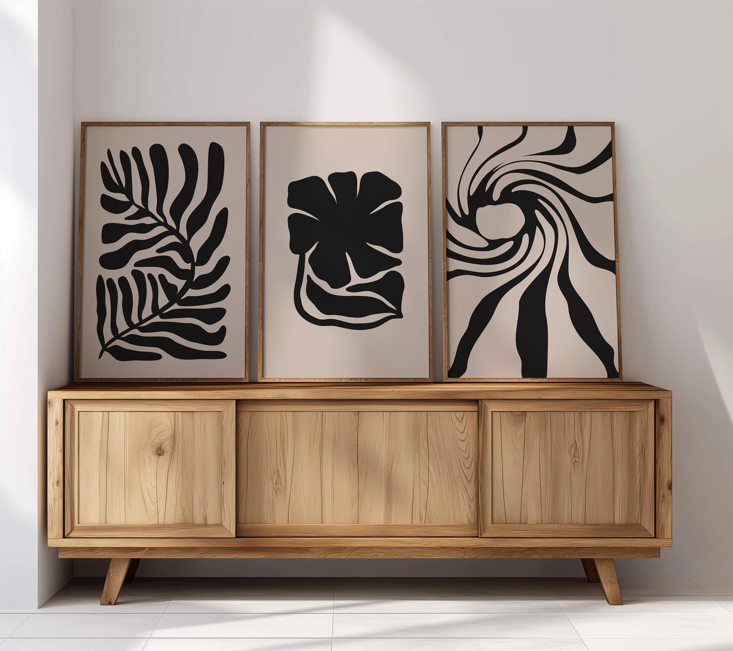 Abstract Plant Prints – Set of 3 Black Botanical Wall Art on Beige, Minimal Scandinavian Decor for Neutral Living Room or Gallery Wall B41