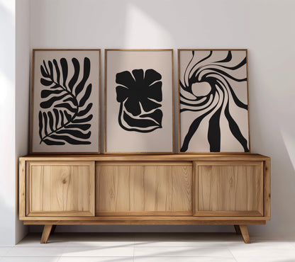 Abstract Plant Prints – Set of 3 Black Botanical Wall Art on Beige, Minimal Scandinavian Decor for Neutral Living Room or Gallery Wall B41