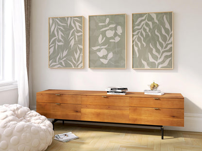 Floral Wall Prints, Set of 3 Boho Wall Art, Eucalyptus Home Decor, Sage Green Calm Botanical Poster, Beige, Mid-Century Style Art B26