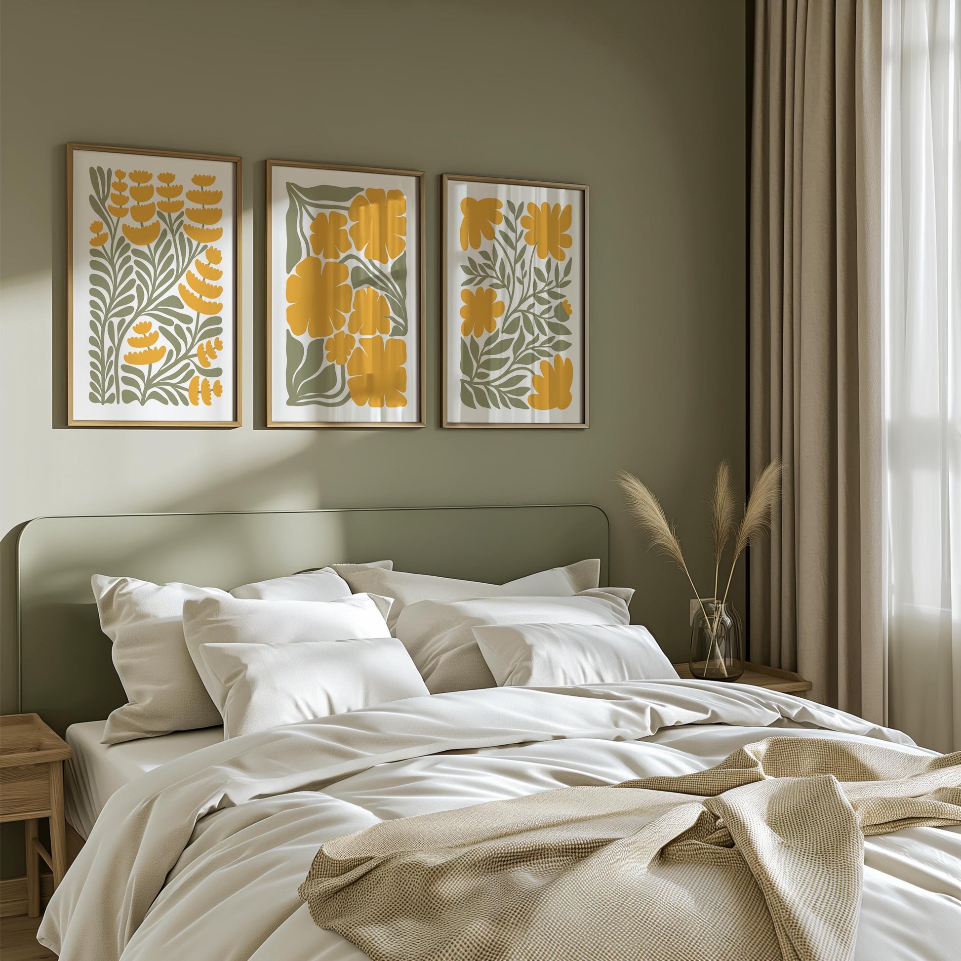 Modern Floral Poster Set of 3 – Yellow Botanical Prints, Minimalist Wall Art for Boho, Mid-Century or Scandi Interiors B42