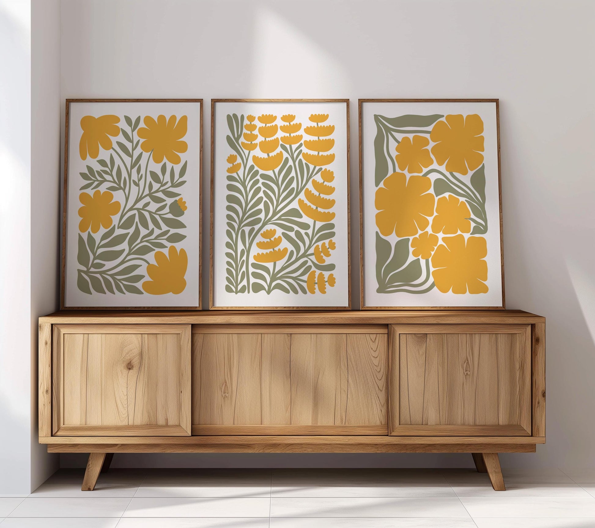 Modern Floral Poster Set of 3 – Yellow Botanical Prints, Minimalist Wall Art for Boho, Mid-Century or Scandi Interiors B42