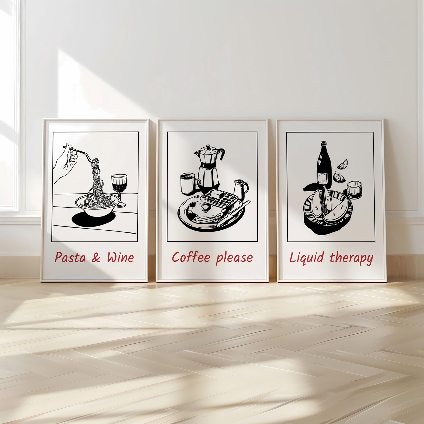 Kitchen Wall Art – Set of 3 Pasta Wine Coffee Prints, Minimalist Black and White Food Posters for Modern Cafe or Dining Room Decor D139