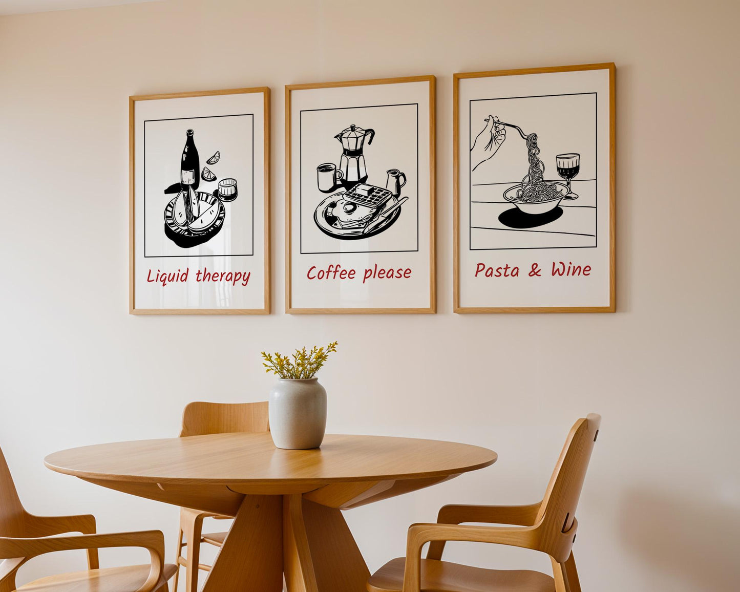 Kitchen Wall Art – Set of 3 Pasta Wine Coffee Prints, Minimalist Black and White Food Posters for Modern Cafe or Dining Room Decor D139