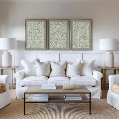 Sage Green Leaf Prints – Set of 3 Neutral Botanical Wall Art for Living Room or Bedroom, Modern Minimalist Plant Decor, Gallery Style B43