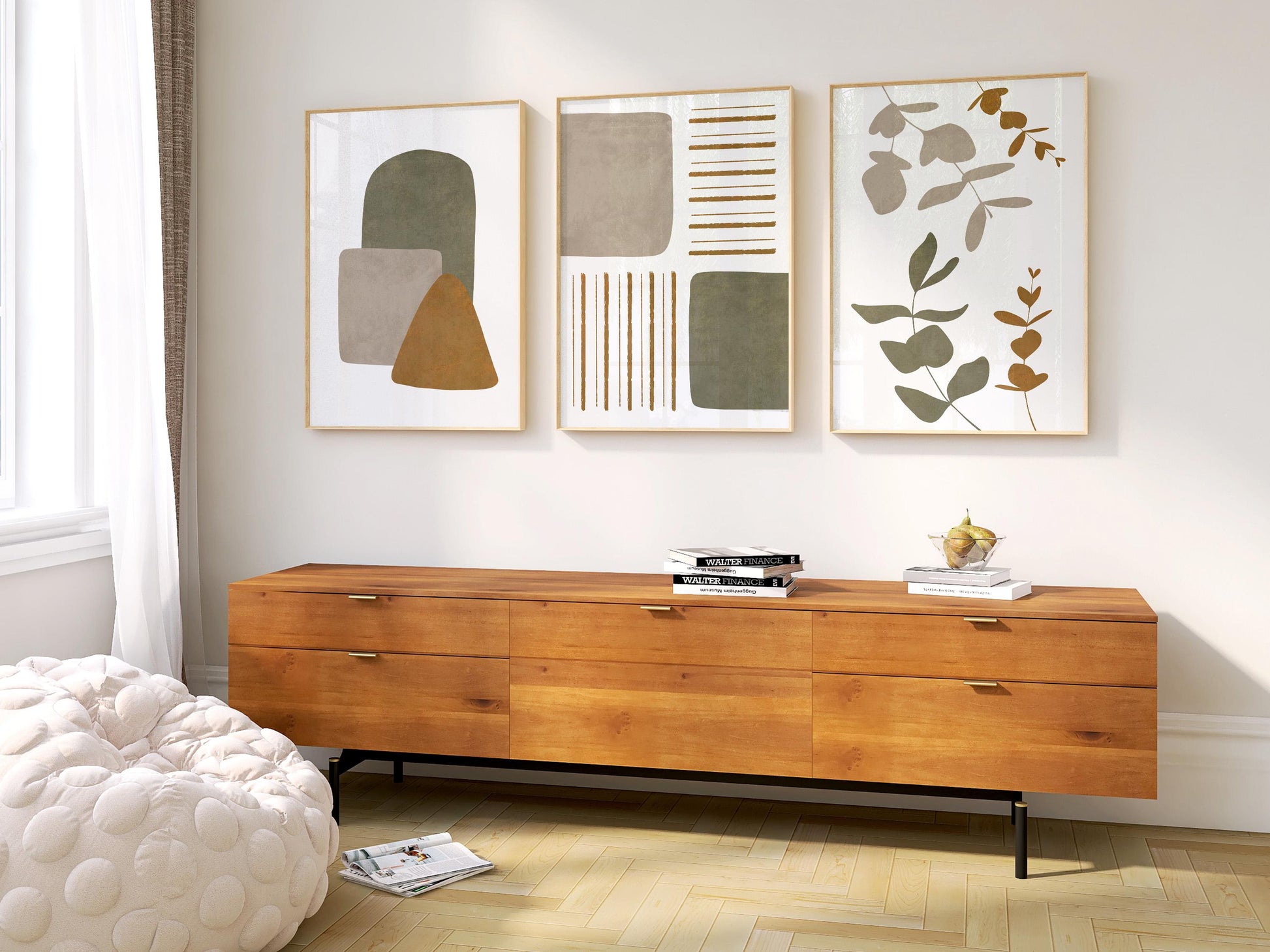 Boho Abstract Wall Art Set of 3 – Neutral Botanical Prints – Earthy Japandi Decor – Minimalist Geometric Posters – Modern Home Print B34