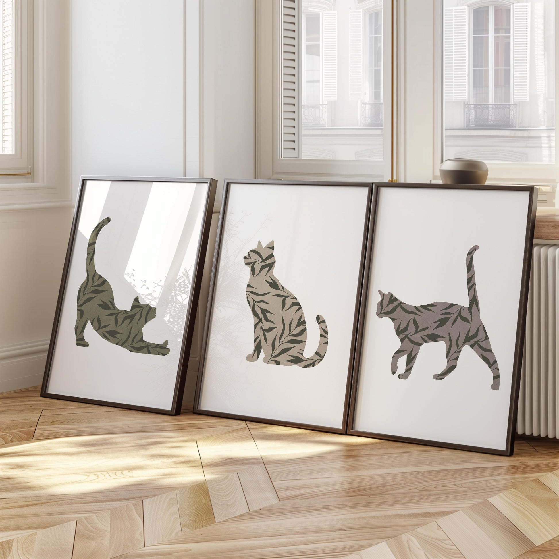 Boho Cat Wall Art Set of 3 – Minimalist Botanical Cat Prints – Neutral Animal Decor for Living Room, Bedroom, Pet Lovers B35