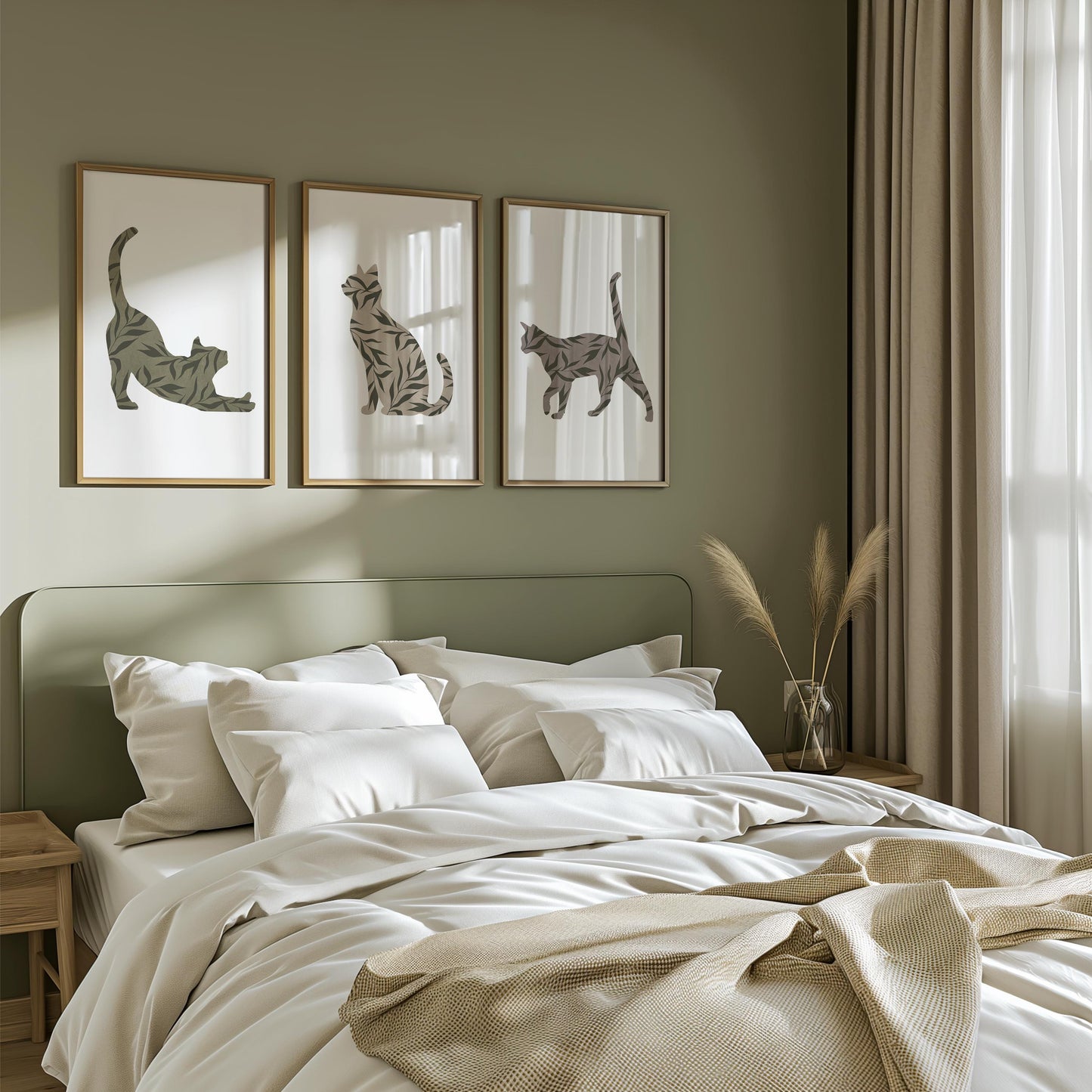 Boho Cat Wall Art Set of 3 – Minimalist Botanical Cat Prints – Neutral Animal Decor for Living Room, Bedroom, Pet Lovers B35