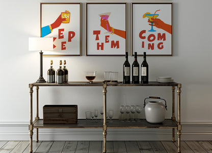 Cocktail Art Print Set – "Keep Them Coming" Bar Decor Trio (D129)