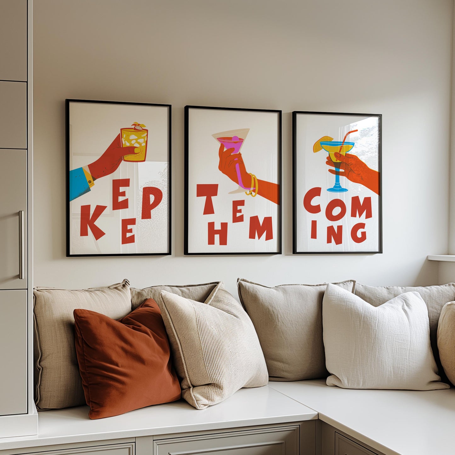 Cocktail Art Print Set – "Keep Them Coming" Bar Decor Trio (D129)
