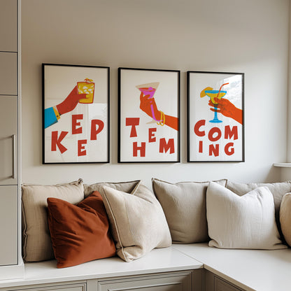 Cocktail Art Print Set – "Keep Them Coming" Bar Decor Trio (D129)