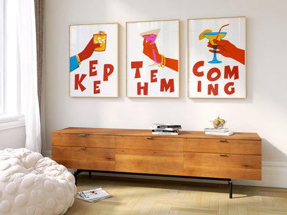 Cocktail Art Print Set – "Keep Them Coming" Bar Decor Trio (D129)