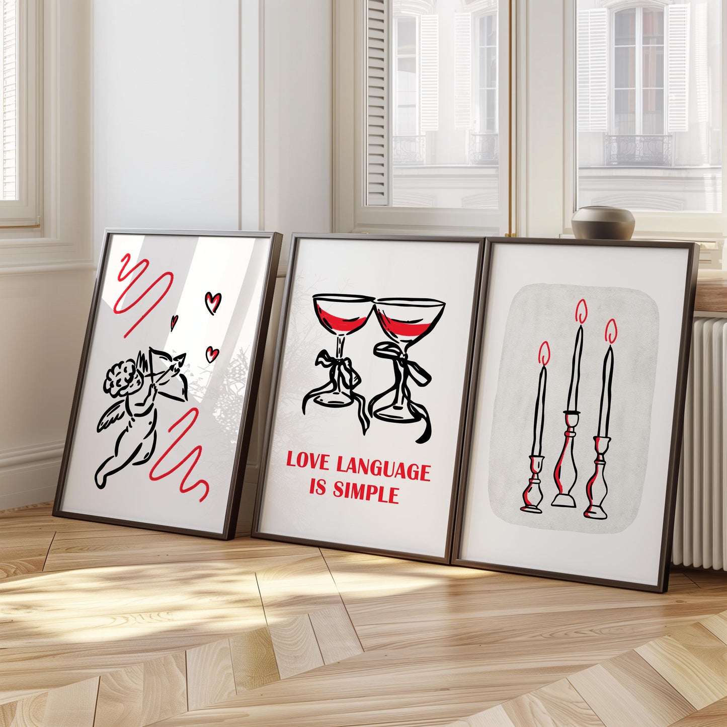 Romantic Line Art Print Set – Cupid, Candles, Wine (Shipped Print) D130