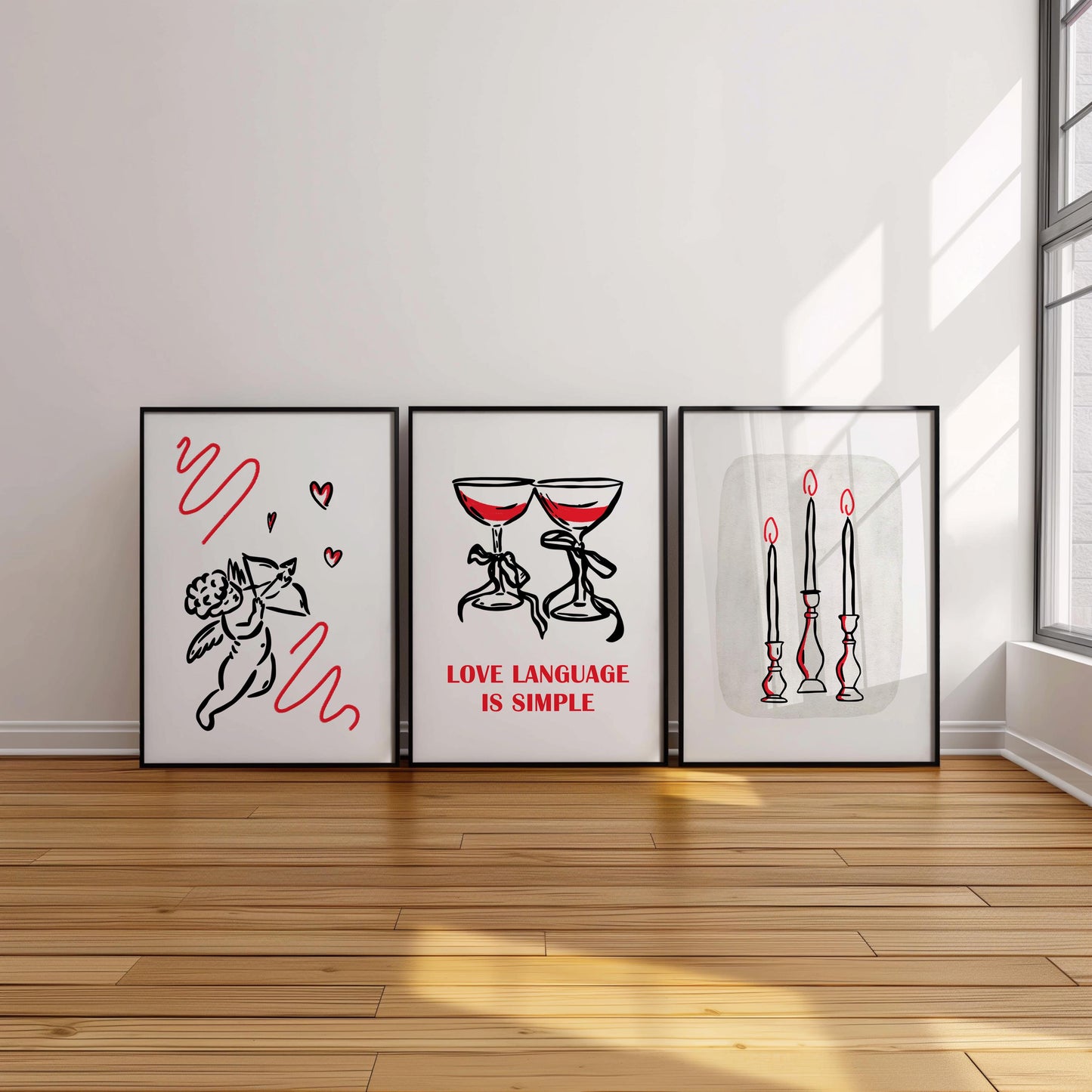 Romantic Line Art Print Set – Cupid, Candles, Wine (Shipped Print) D130
