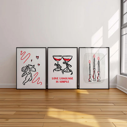 Romantic Line Art Print Set – Cupid, Candles, Wine (Shipped Print) D130