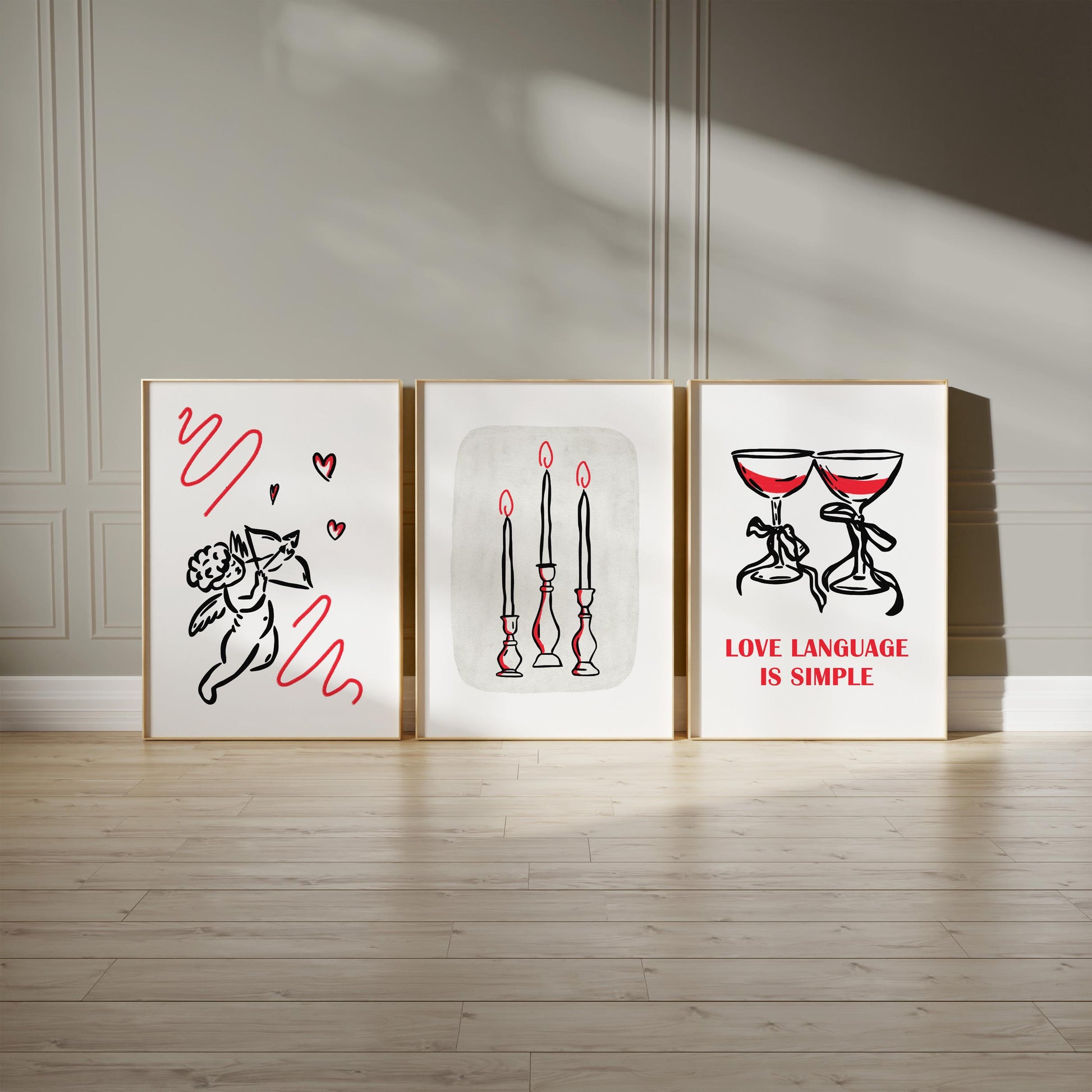 Romantic Line Art Print Set – Cupid, Candles, Wine (Shipped Print) D130