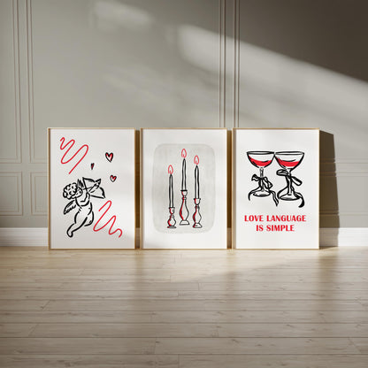 Romantic Line Art Print Set – Cupid, Candles, Wine (Shipped Print) D130