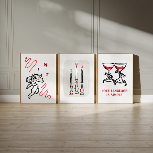 Romantic Line Art Print Set – Cupid, Candles, Wine (Shipped Print) D130