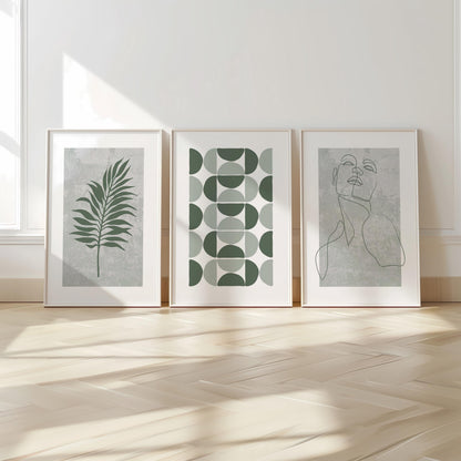 Sage Green Modern Wall Prints – Set of 3 Minimalist Posters with Face Line Art, Leaf & Geometric Shapes for Scandinavian Neutral Decor B44