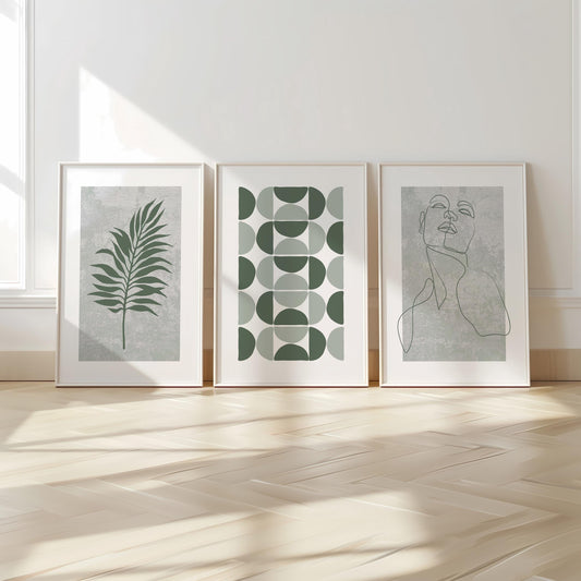 Sage Green Modern Wall Prints – Set of 3 Minimalist Posters with Face Line Art, Leaf & Geometric Shapes for Scandinavian Neutral Decor B44