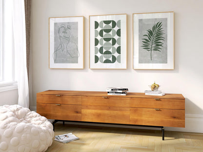 Sage Green Modern Wall Prints – Set of 3 Minimalist Posters with Face Line Art, Leaf & Geometric Shapes for Scandinavian Neutral Decor B44