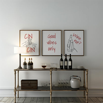 Funny Wine Art Prints for Kitchen – Set of 3 Red Line Posters d140