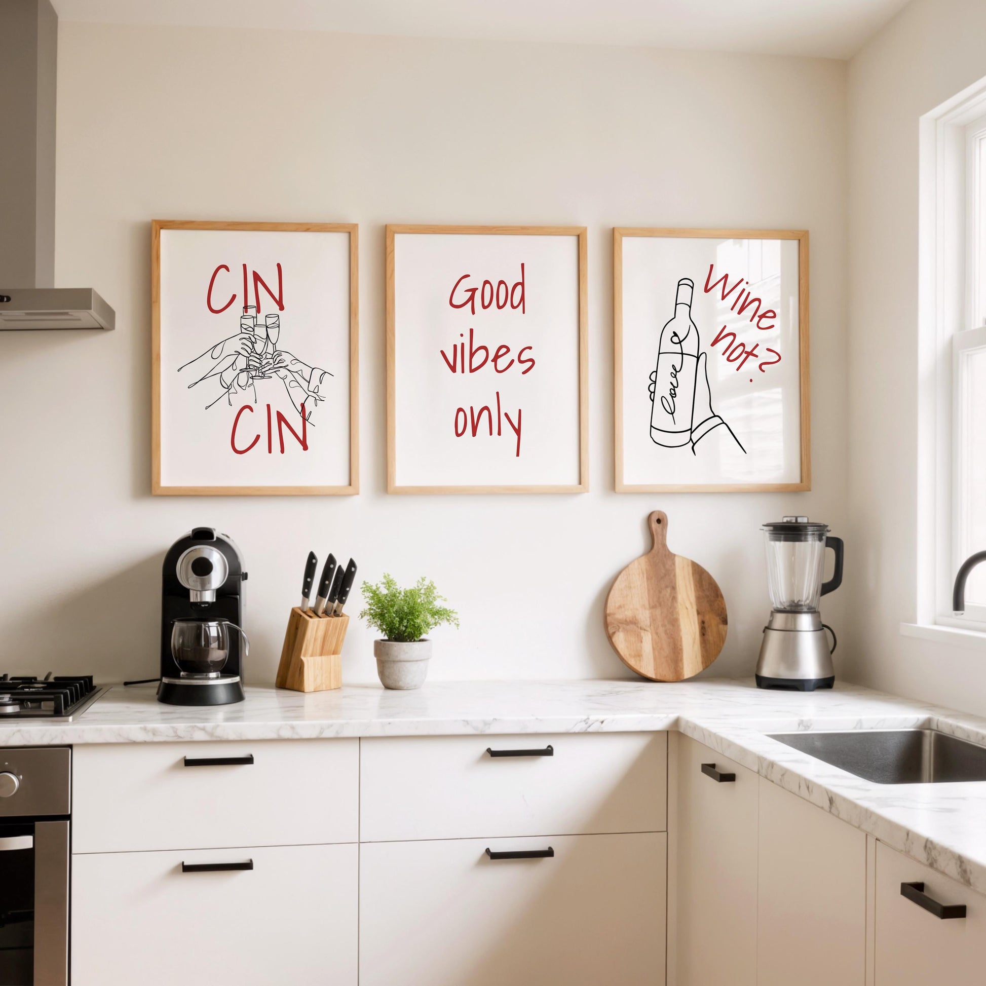 Funny Wine Art Prints for Kitchen – Set of 3 Red Line Posters d140