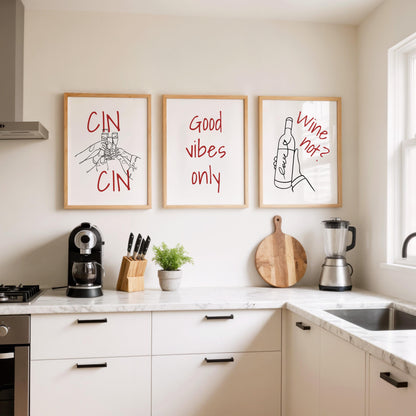 Funny Wine Art Prints for Kitchen – Set of 3 Red Line Posters d140