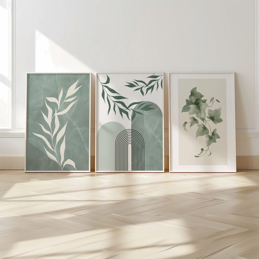 Boho Wall Prints, Set of 3 Wall Art, Sage Green Wall Prints, Boho Abstract Posters, Floral Geometric Wall Poster, Calm Green Wall Decor B023