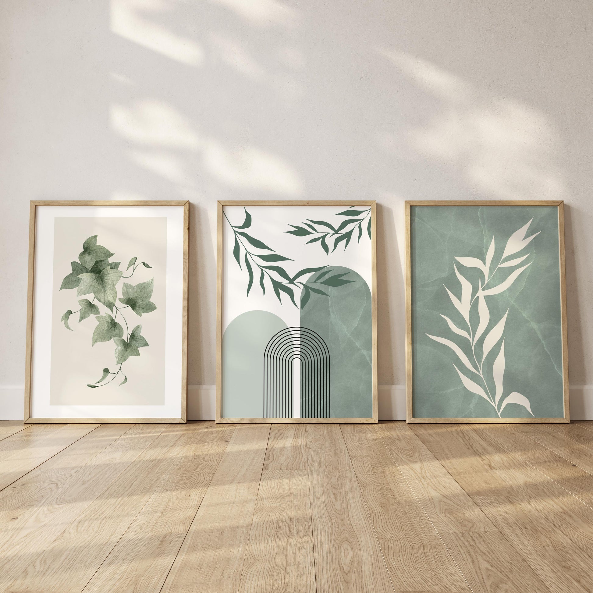 Boho Wall Prints, Set of 3 Wall Art, Sage Green Wall Prints, Boho Abstract Posters, Floral Geometric Wall Poster, Calm Green Wall Decor B023