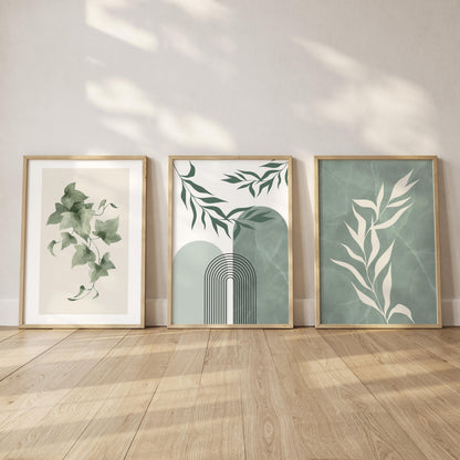 Boho Wall Prints, Set of 3 Wall Art, Sage Green Wall Prints, Boho Abstract Posters, Floral Geometric Wall Poster, Calm Green Wall Decor B023