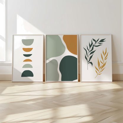 Set of 3 Boho Wall Art Prints, Sage Green Wall Prints, Boho Abstract Posters, Geometric Earth Tone Wall Poster, Mid Century Modern Decor B15