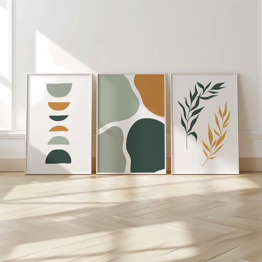 Set of 3 Boho Wall Art Prints, Sage Green Wall Prints, Boho Abstract Posters, Geometric Earth Tone Wall Poster, Mid Century Modern Decor B15