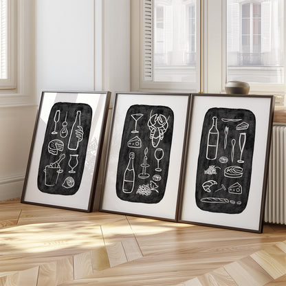 Minimalist Food & Wine Wall Art Set of 3 – Chalkboard Kitchen Prints, Dining Room Decor, Bar Poster, Modern Line Art, Black White Art D131