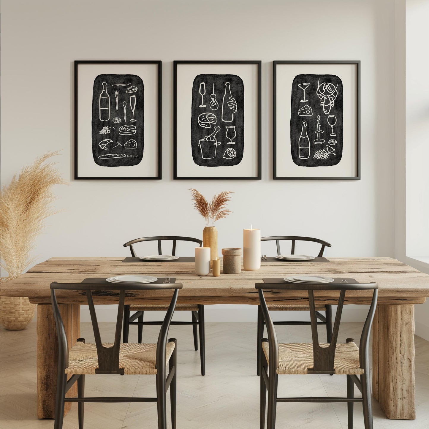Minimalist Food & Wine Wall Art Set of 3 – Chalkboard Kitchen Prints, Dining Room Decor, Bar Poster, Modern Line Art, Black White Art D131