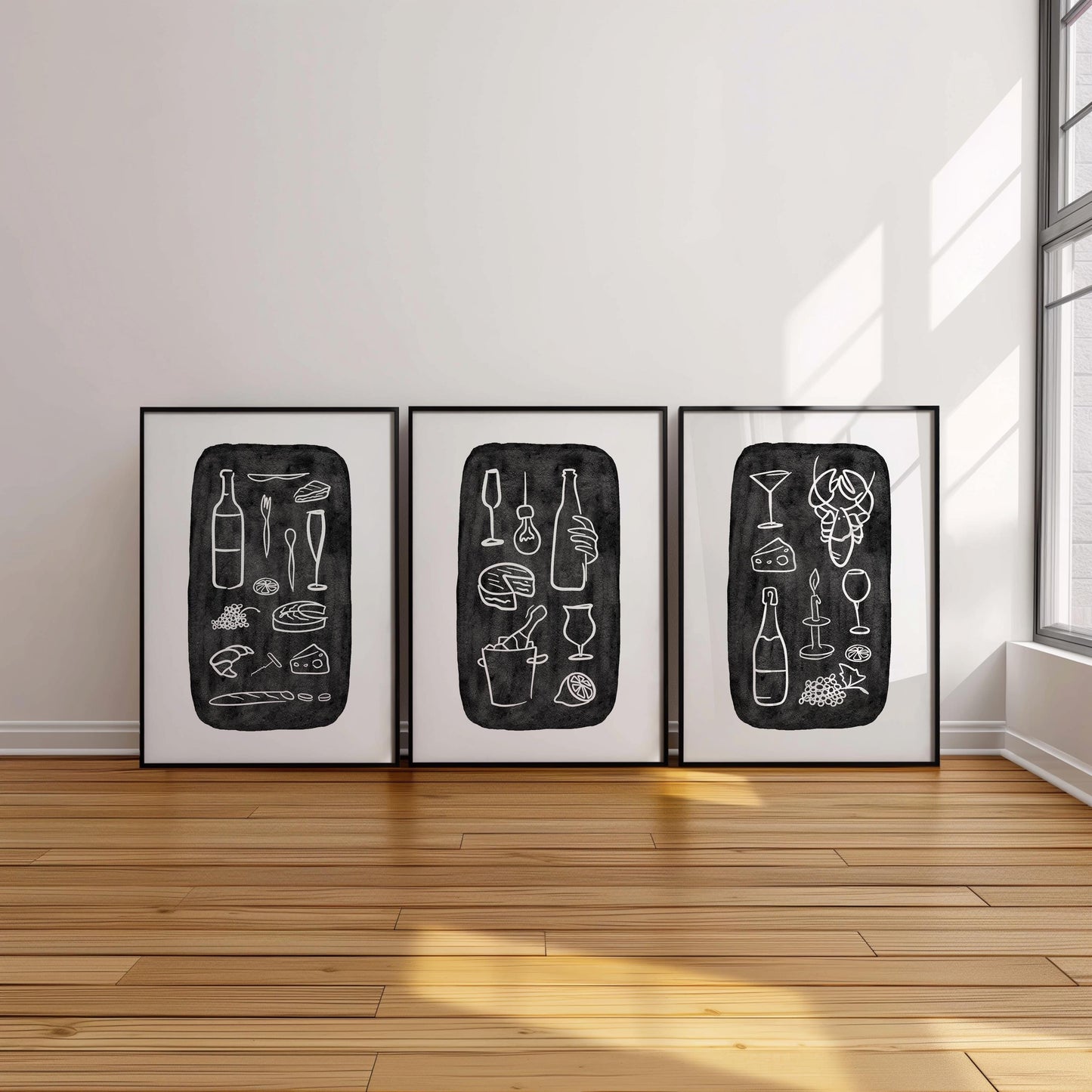 Minimalist Food & Wine Wall Art Set of 3 – Chalkboard Kitchen Prints, Dining Room Decor, Bar Poster, Modern Line Art, Black White Art D131