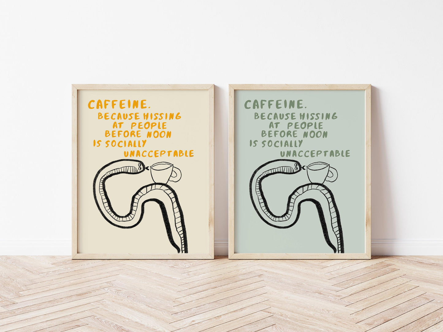 Funny Coffee Snake Print – Mid Century Neutral Kitchen Wall Art Mr5