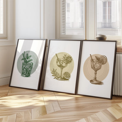 Vintage Cocktail Prints Set, Bar Wall Art, Mojito Gin Tonic D141