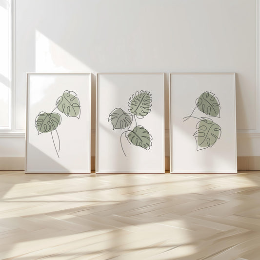 Monstera Wall Art Set of 3 – Green Botanical Line Prints, Tropical Minimalist Plant Decor for Living Room B45