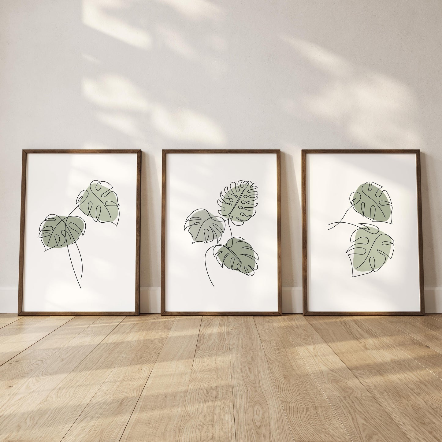 Monstera Wall Art Set of 3 – Green Botanical Line Prints, Tropical Minimalist Plant Decor for Living Room B45