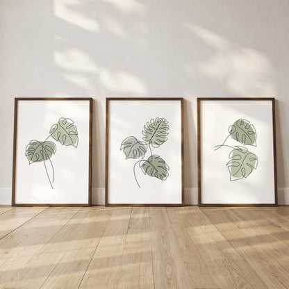 Monstera Wall Art Set of 3 – Green Botanical Line Prints, Tropical Minimalist Plant Decor for Living Room B45