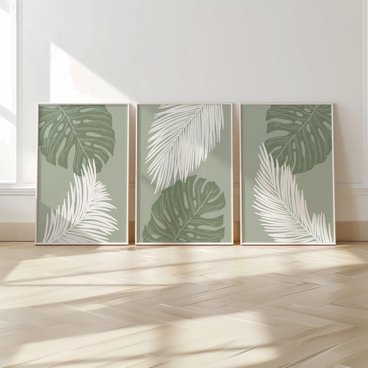 Palm Leaf Wall Art Print Set, Green Botanical Poster Trio, Tropical Minimalist Decor for Living Room, Nature-Inspired Modern Art B46