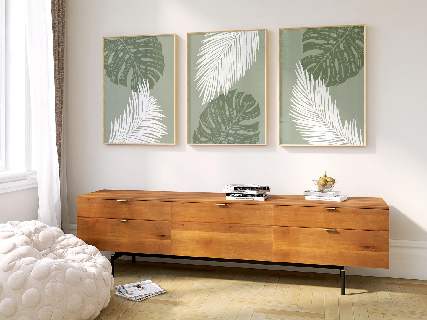 Palm Leaf Wall Art Print Set, Green Botanical Poster Trio, Tropical Minimalist Decor for Living Room, Nature-Inspired Modern Art B46