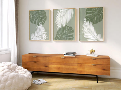 Palm Leaf Wall Art Print Set, Green Botanical Poster Trio, Tropical Minimalist Decor for Living Room, Nature-Inspired Modern Art B46