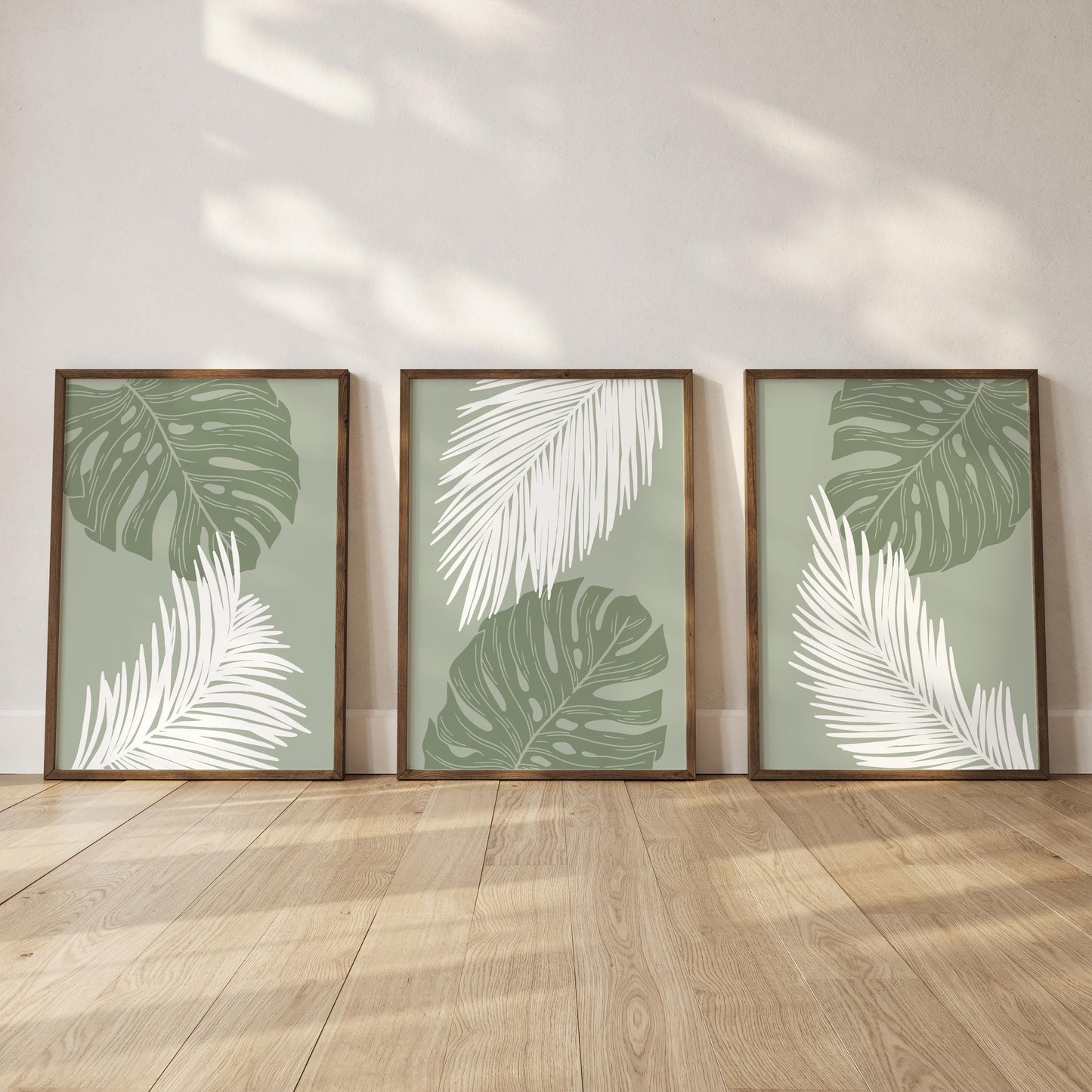Palm Leaf Wall Art Print Set, Green Botanical Poster Trio, Tropical Minimalist Decor for Living Room, Nature-Inspired Modern Art B46