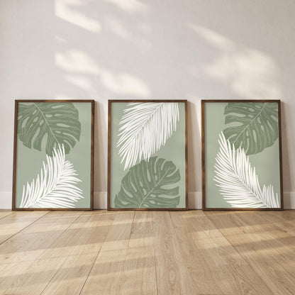 Palm Leaf Wall Art Print Set, Green Botanical Poster Trio, Tropical Minimalist Decor for Living Room, Nature-Inspired Modern Art B46