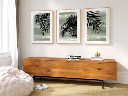 Sage Green Palm Leaf Wall Art Set of 3 Prints, Tropical Boho Posters for Coastal Living Room Decor, Minimalist Gallery Wall B47