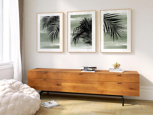 Sage Green Palm Leaf Wall Art Set of 3 Prints, Tropical Boho Posters for Coastal Living Room Decor, Minimalist Gallery Wall B47